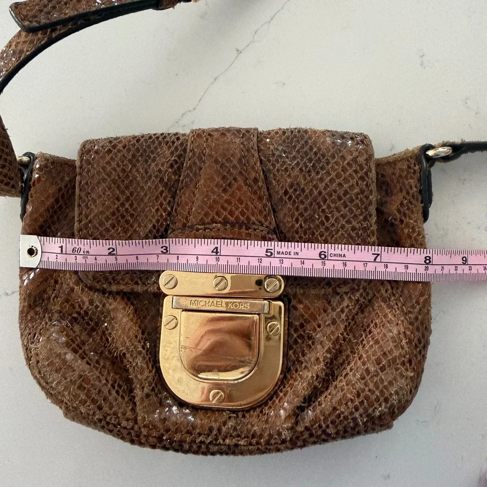 Michael Kors Crossbody Bag Womens Small Brown Snakeskin Embossed Gold Hardware
